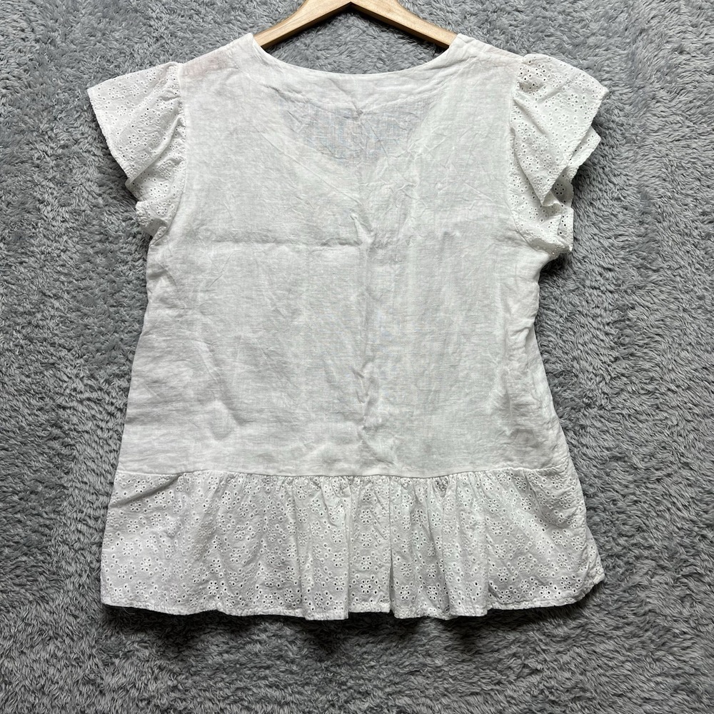 Lungo Larno Womens Large White Linen Eyelet Ruffle Cap Sleeve Top Blouse Italy - Picture 2 of 8